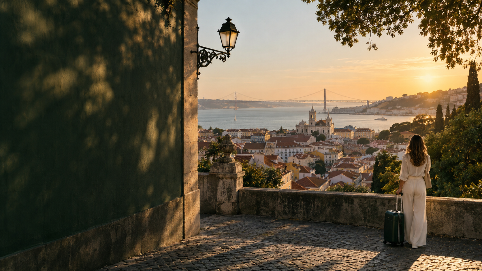 Viajante com mala observando Lisboa e o rio Tejo ao amanhecer